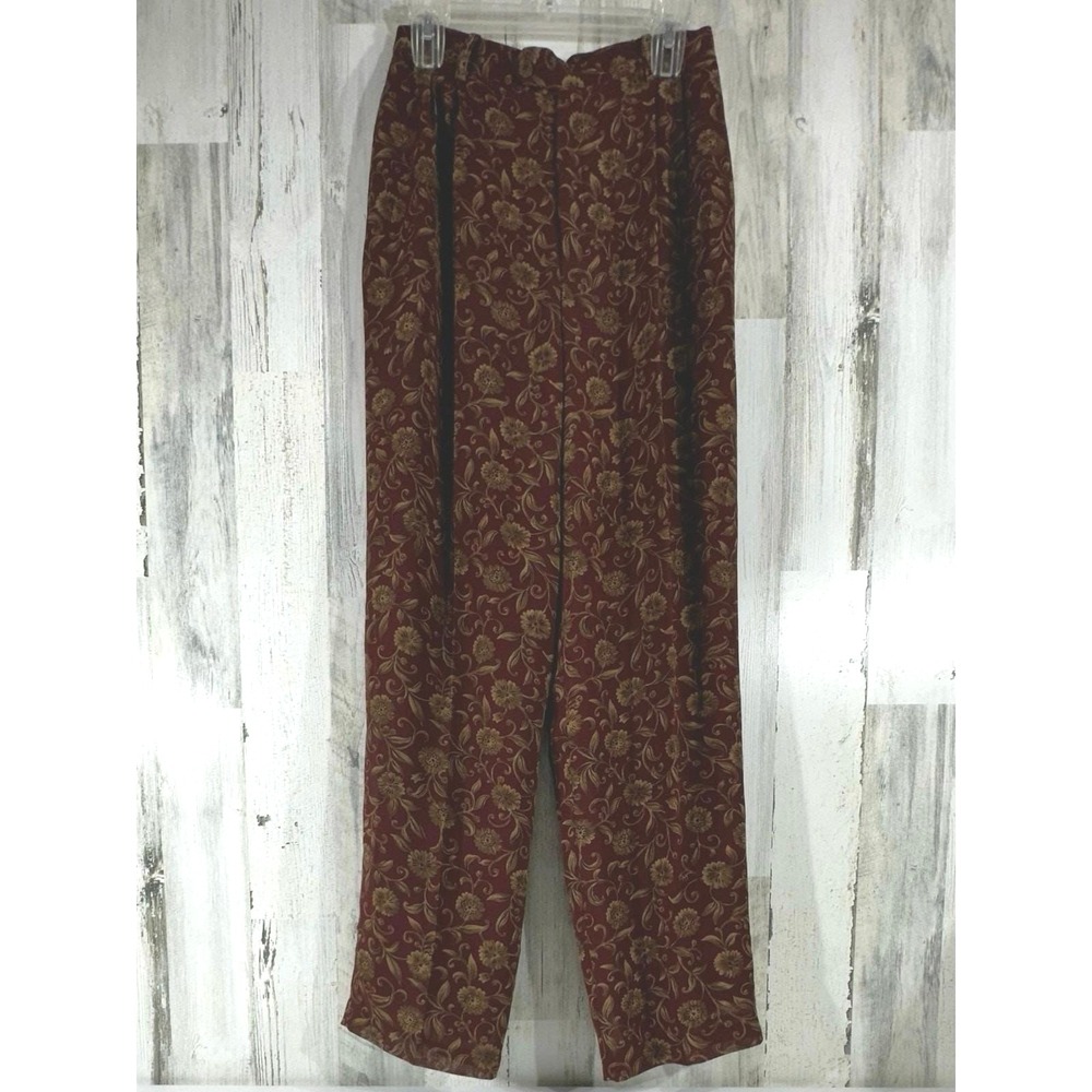 Harolds Trousers 28x31.5 Burgundy Gold Floral Brocade High Rise Lined Vintage